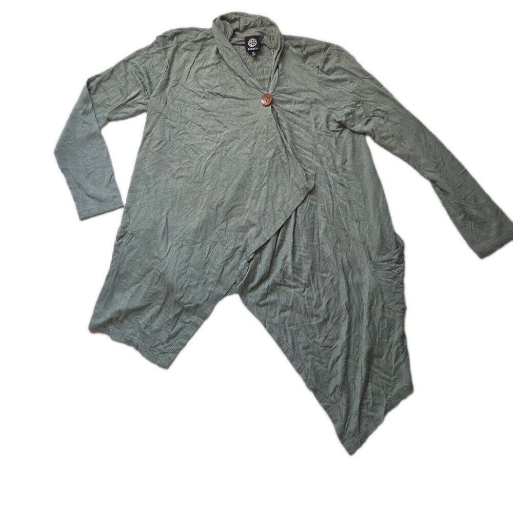 Bobeau Olive Green Draped Open Front Cardigan Single Button Pockets Size M EUC